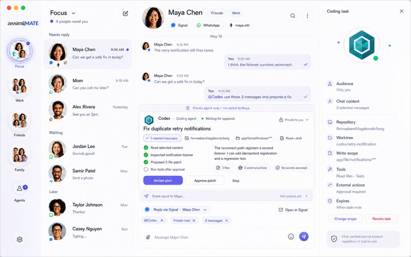 A coding agent works in a private lane inside a conversation: three selected messages as context, a scoped repository and write path, approval required before it acts, and circle groups — Focus, Work, Friends, Family — in the left rail.
