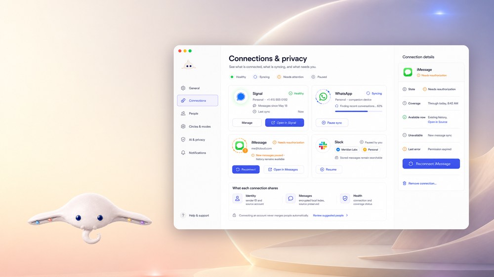The ivory assimilMATE ray floats beside a Connections and privacy surface: Signal healthy, WhatsApp syncing, iMessage needing reauthorization, Slack paused by you — each with its own manage, open-in-source, and remove controls.
